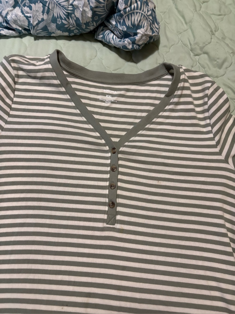 Striped Henley Tee in Sage Green and White & Green shorts sz 14